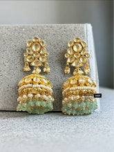 Load image into Gallery viewer, Pushp Pachi Kundan Brass White Mint Jhumka Statement Designer Earrings
