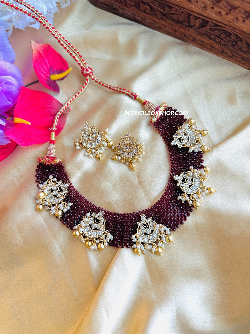 Ruby Hydro Stone Crystal Kundan Ethnic Necklace set