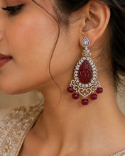 Load image into Gallery viewer, Ruby Carved Stone American Diamond Silver Statement Designer Earrings
