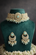 Load image into Gallery viewer, Mint Polki Kundan Golden Pearl Hanging Choker Necklace set with Maangtikka
