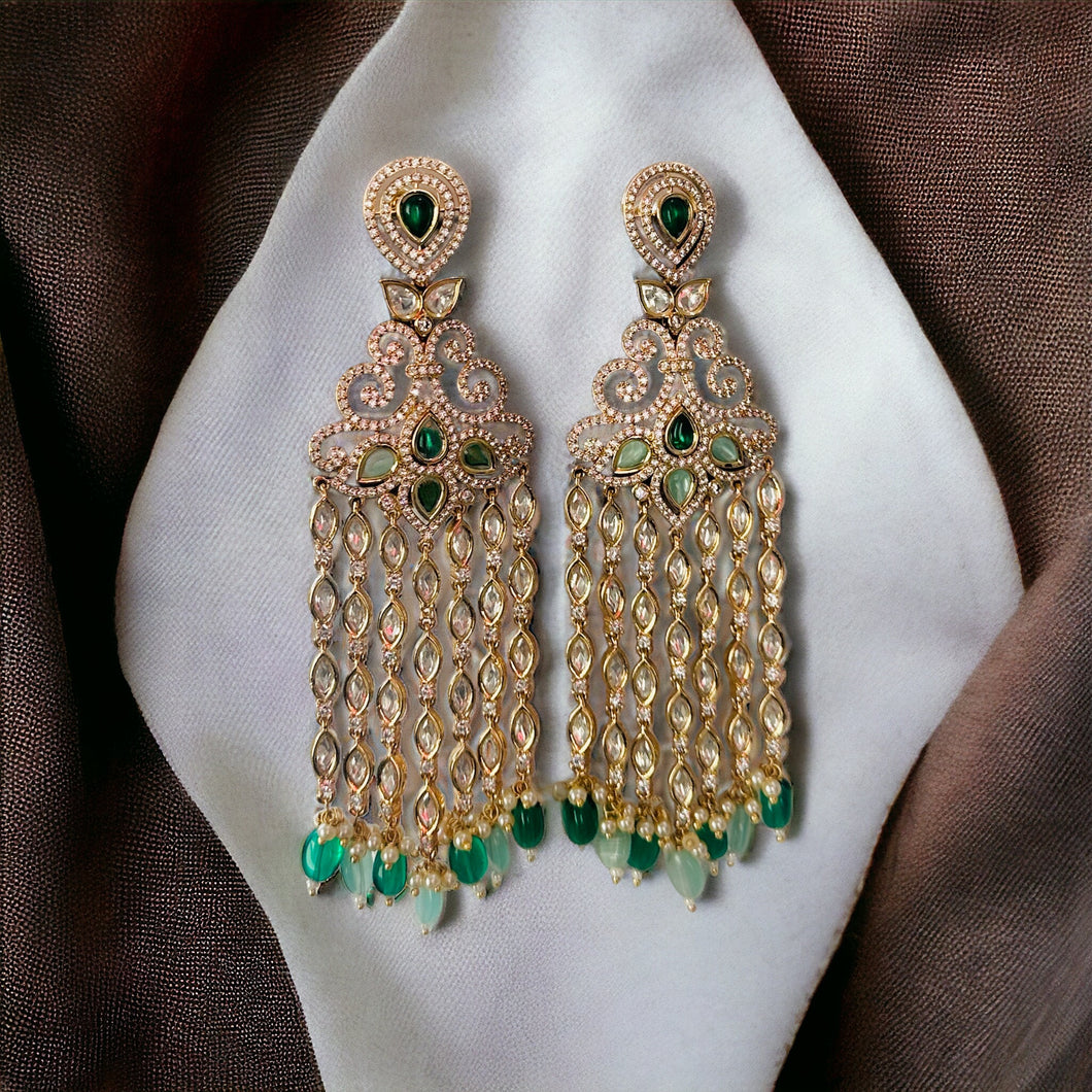 22k gold plated Tayani statement Long Green Dangling tassel Gold plated Earrings