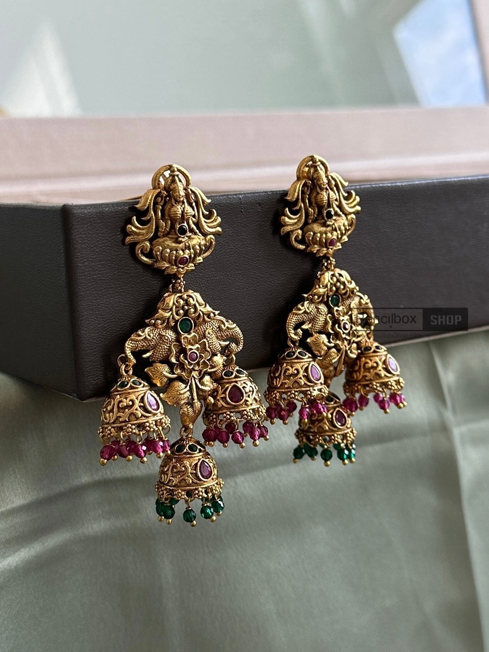 Lakshmi ji elephant Hanging  Drop Temple jhumka earrings
