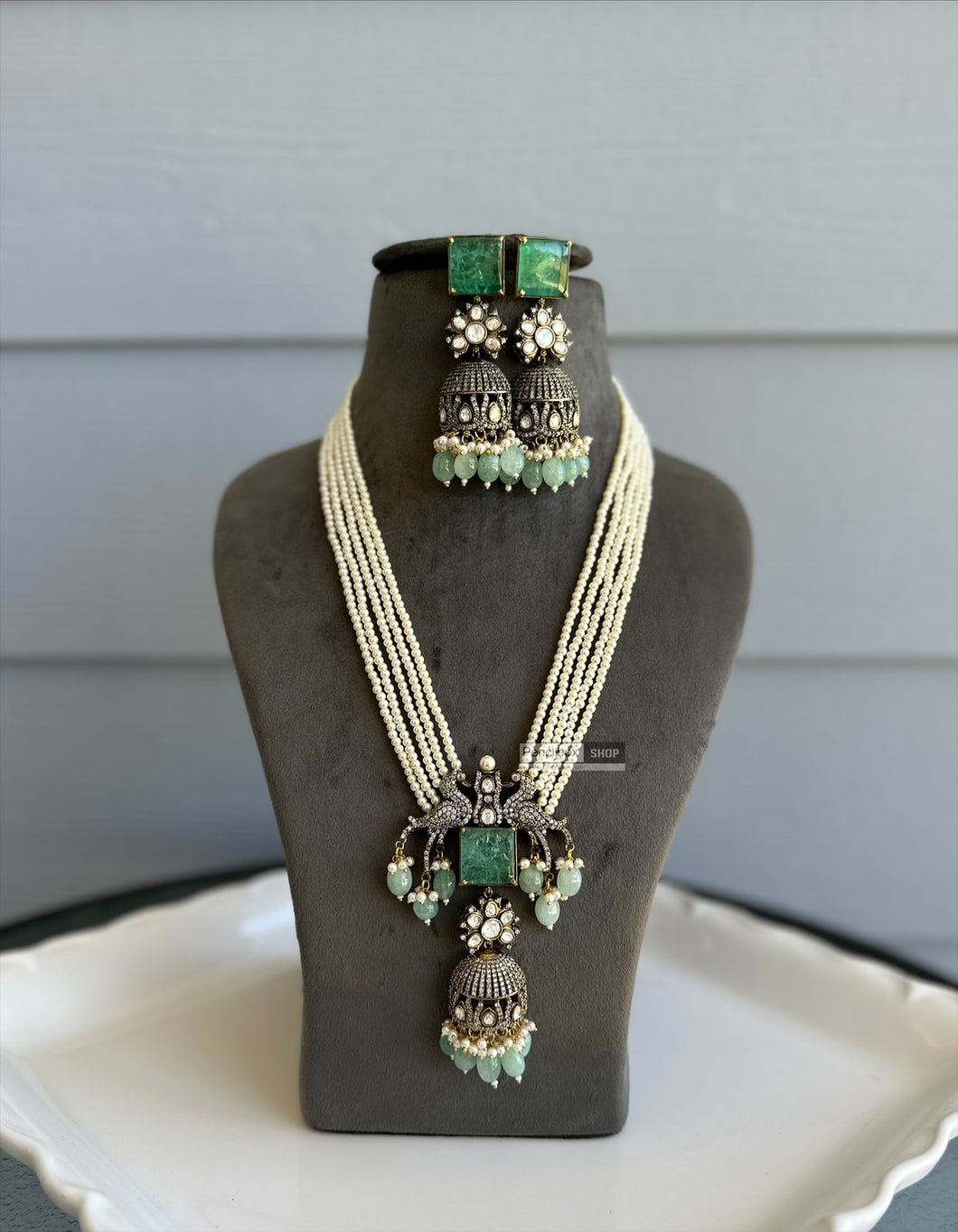Mint Peacock moissanite Long Pearl Designer Necklace set
