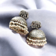 Load image into Gallery viewer, German silver lookalike Elephant Pearl Jhumka earrings
