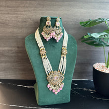 Load image into Gallery viewer, Pink Golden Polki Long Necklace Set
