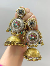 Load image into Gallery viewer, Firestone 92.5 German silver Fusion pachi Kundan Jhumka Earrings
