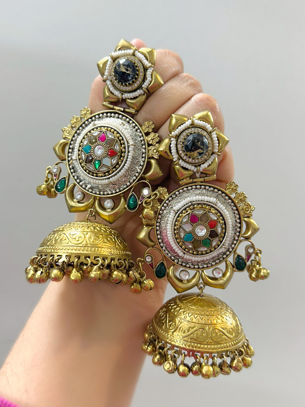 Firestone 92.5 German silver Fusion pachi Kundan Jhumka Earrings