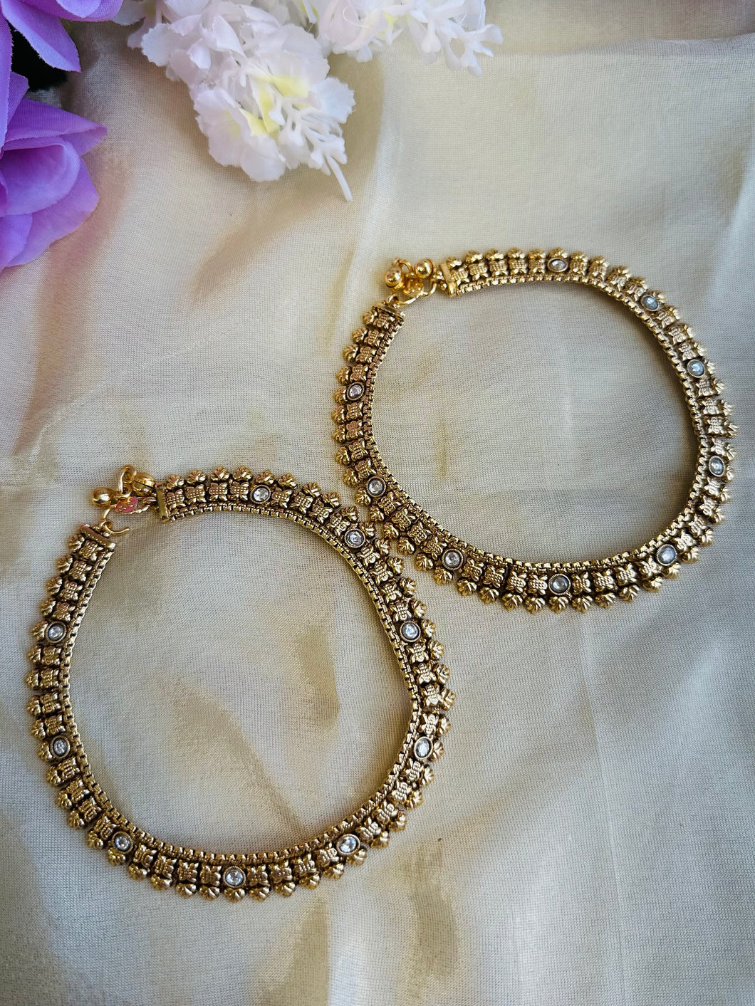 Pair of Golden White Ethnic Anklet set