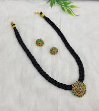 Load image into Gallery viewer, Ruby green Golden Dainty Black Thread Temple ethnic Necklace set
