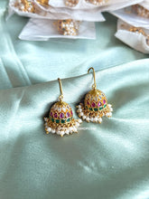 Load image into Gallery viewer, Charvi Small Kemp stone multicolor Fish Hook Jhumki Earrings
