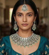 Load image into Gallery viewer, Mint Pearl Mirror Statement Piece Necklace set with Maangtikka
