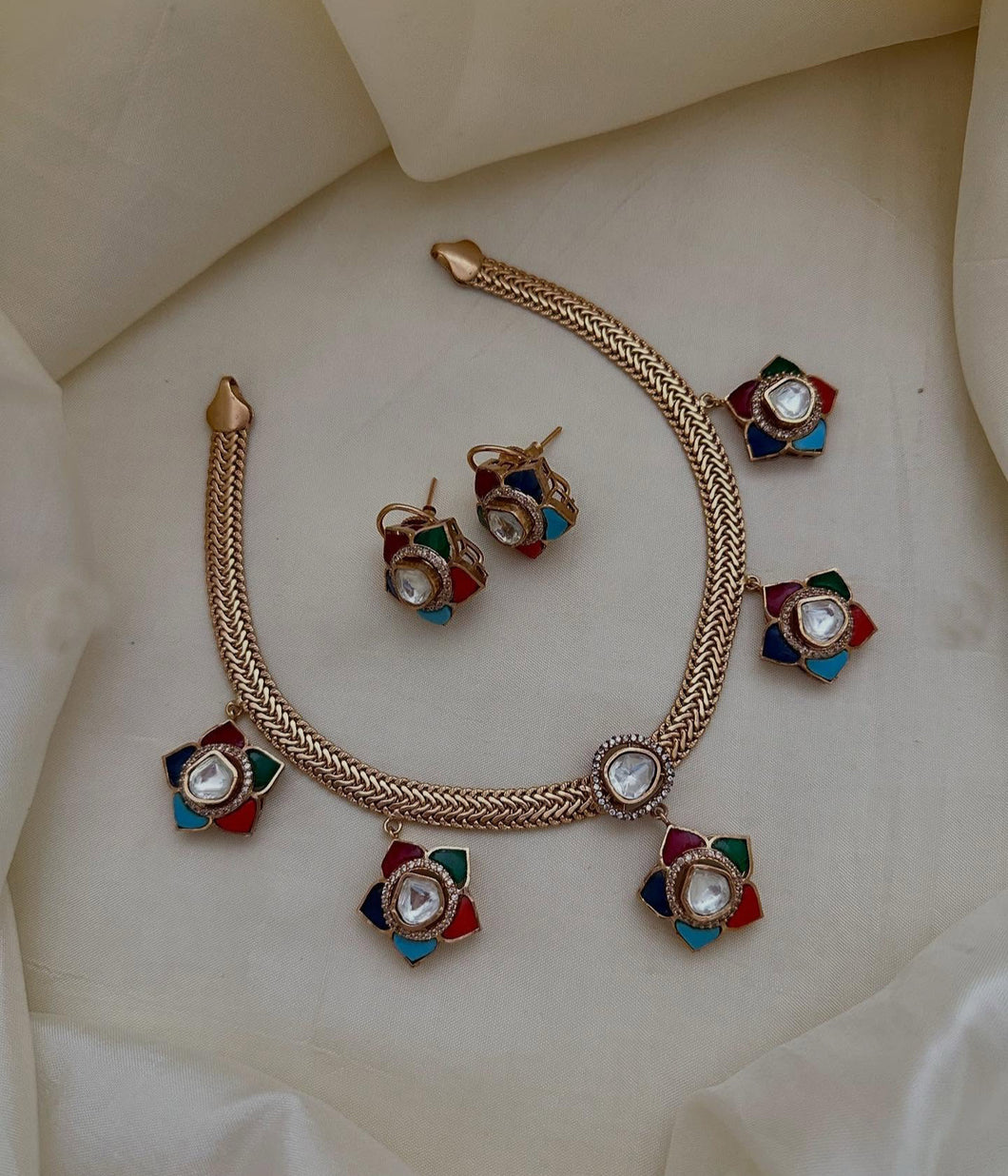Multiple colors-Flower Pachi Moissanite Premium hasli necklace set