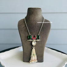 Load image into Gallery viewer, Kundan Green Natural Stone Afghani German Silver Long Pendant necklace
