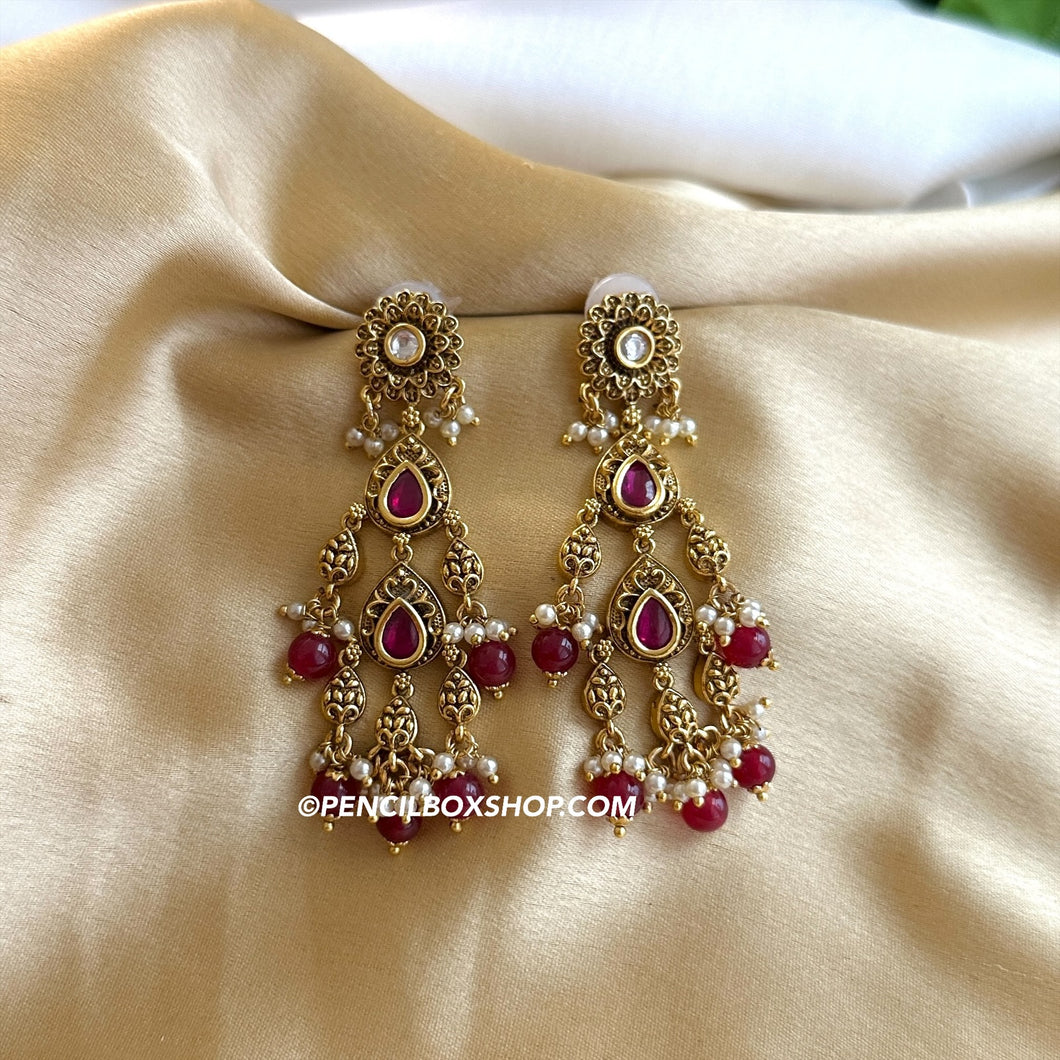 Three stone Temple Pearl Kundan Dangling temple earrings