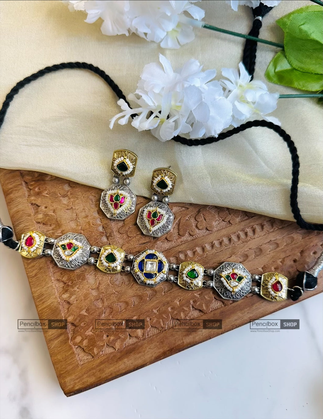 Dainty German Silver Pachi Kundan choker necklace set