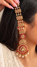 Load image into Gallery viewer, Tayani Kundan Ruby Earrings with Hair Chain worn
