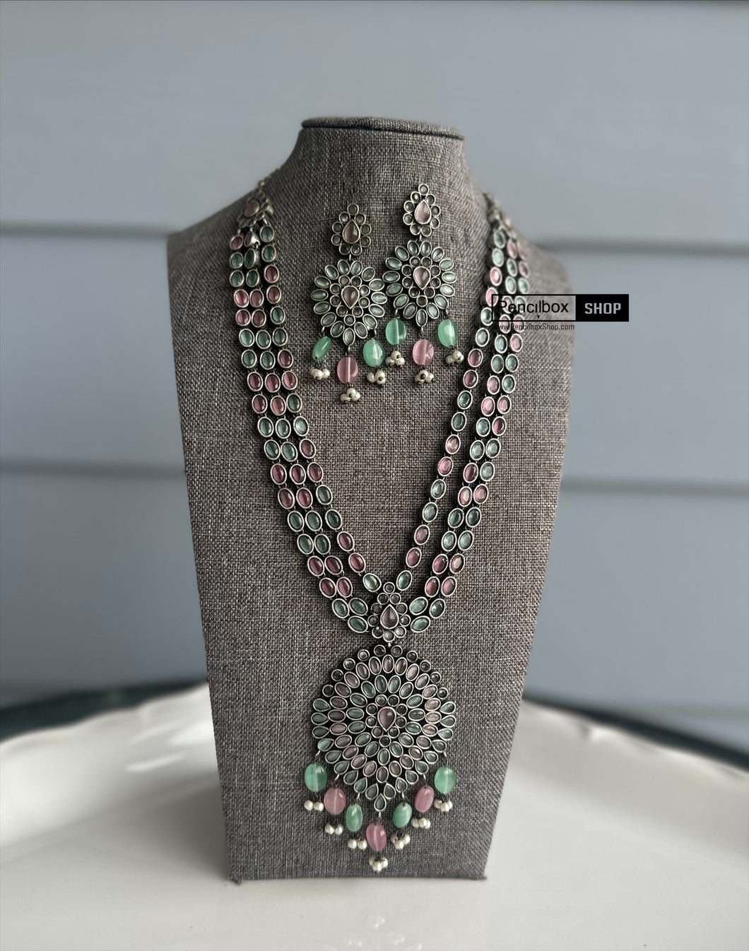 Mint Pink German silver Three layer Long Statement Necklace set