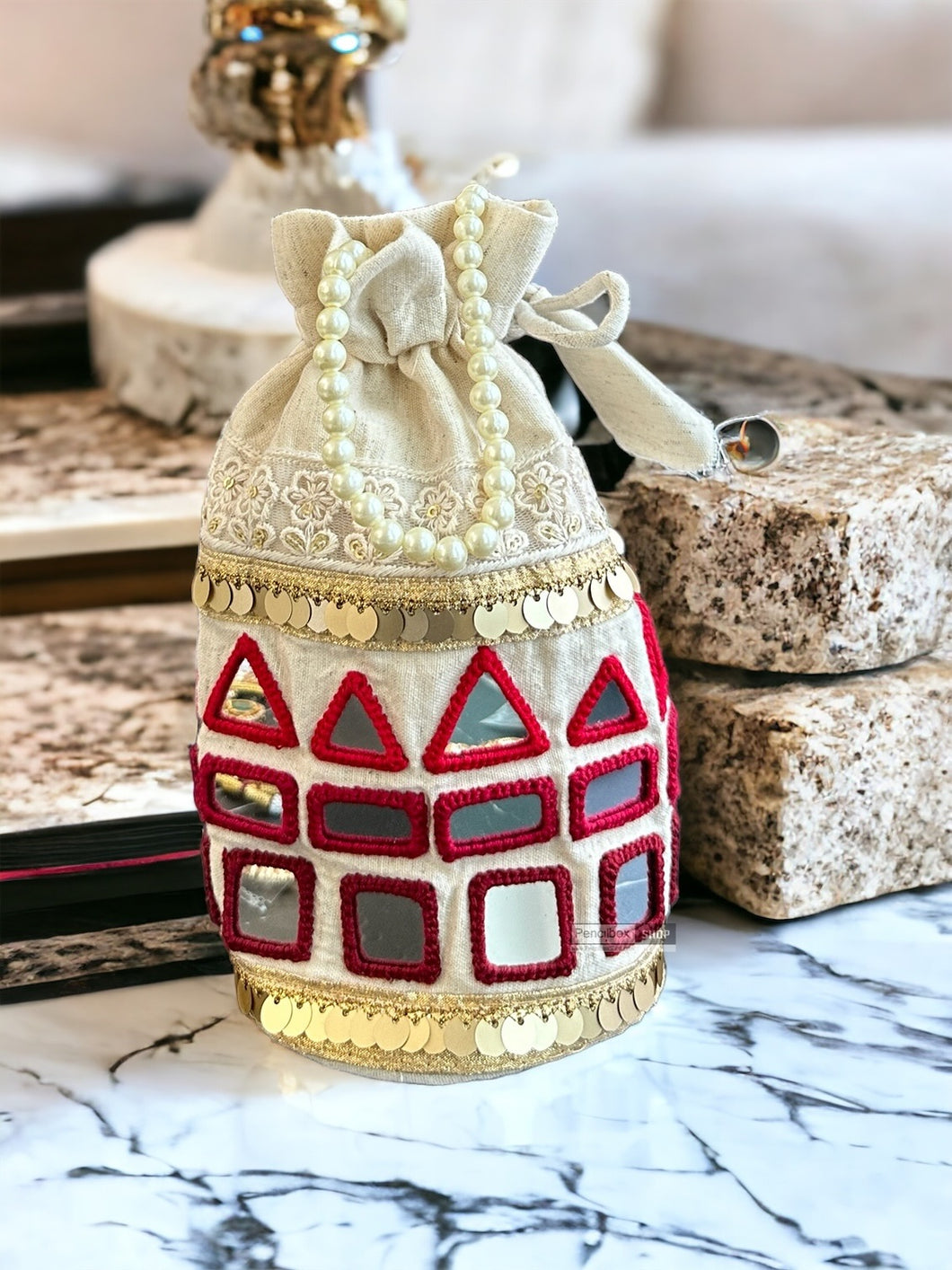 Handmade Mirror Red Cotton pearl potli bag