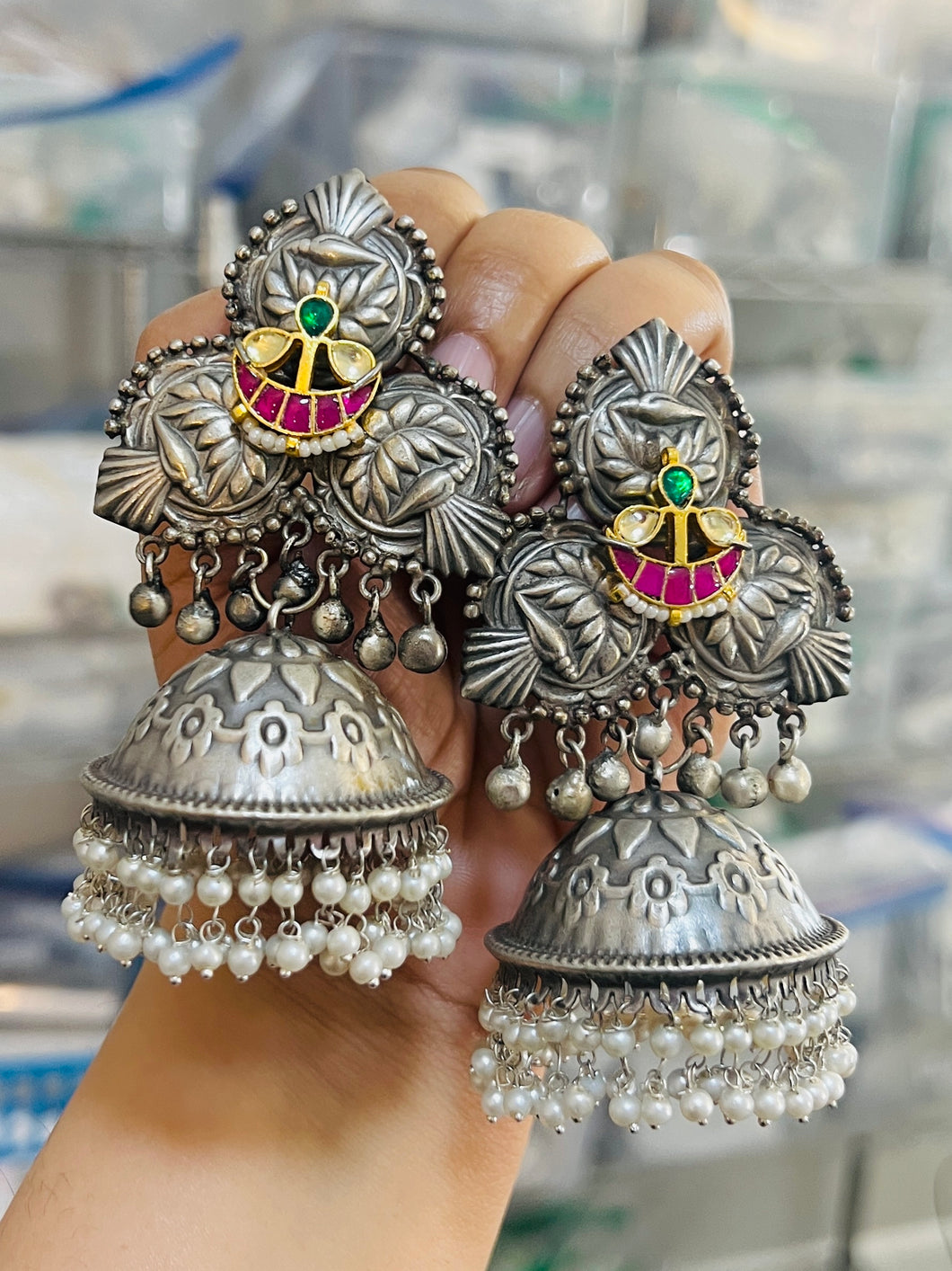 Pachi kundan German Silver pearl drop  earrings
