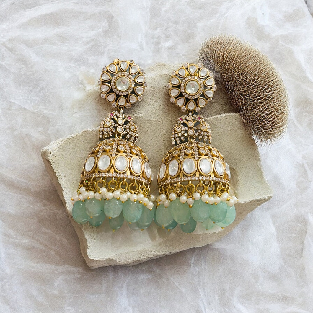 Moissanite Cz Mint Kundan Jhumka Earrings