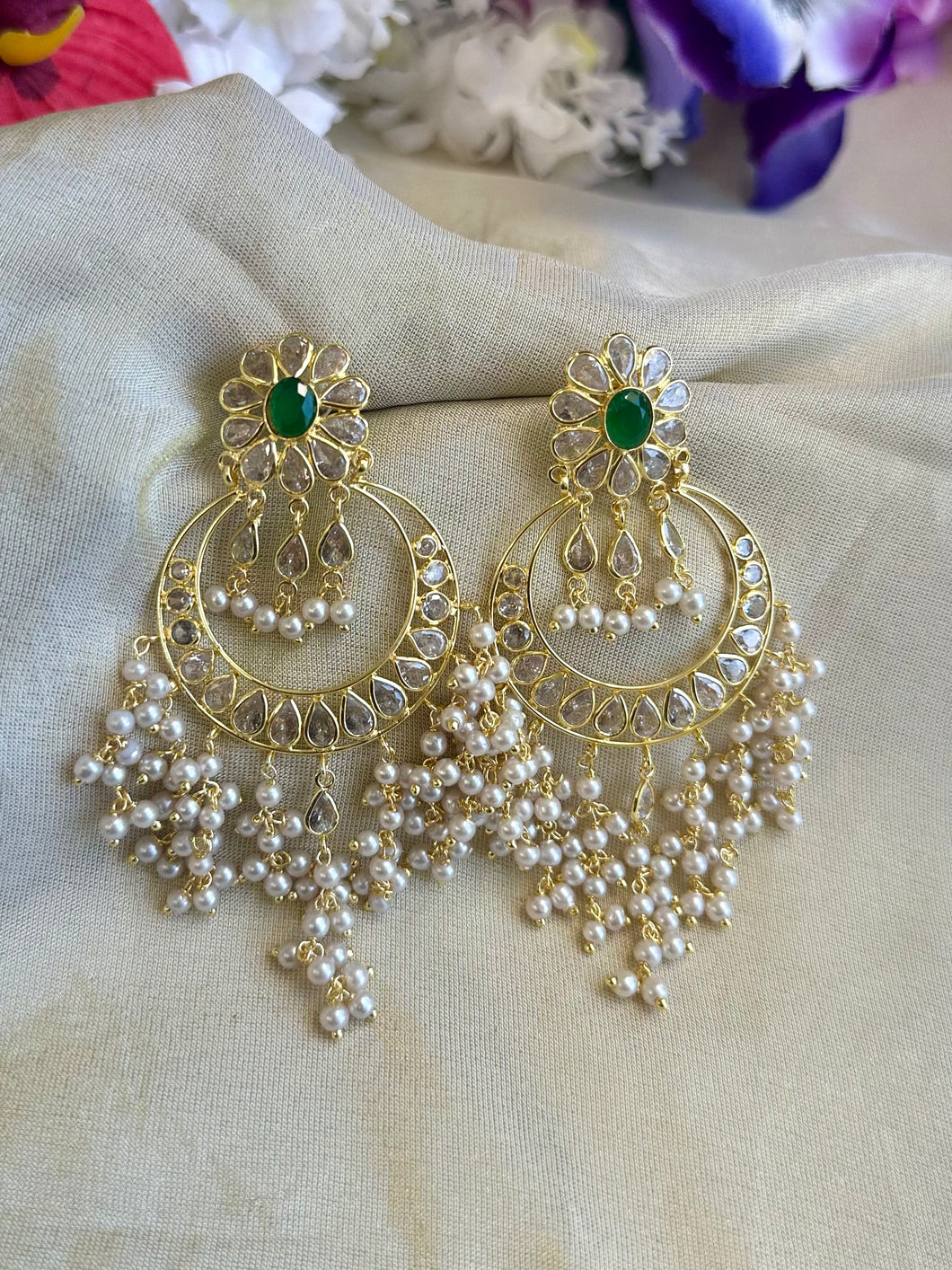14k Gold plated White Stone Green Pearl Drop Temple earrings