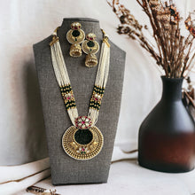 Load image into Gallery viewer, Long White pearl Long elephant Necklace set Temple Jewelry
