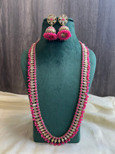 Load image into Gallery viewer, Long Hot Pink Polki Sleek necklace set with maangtikka
