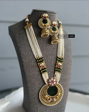 Load image into Gallery viewer, Long White pearl Long elephant Necklace set Temple Jewelry
