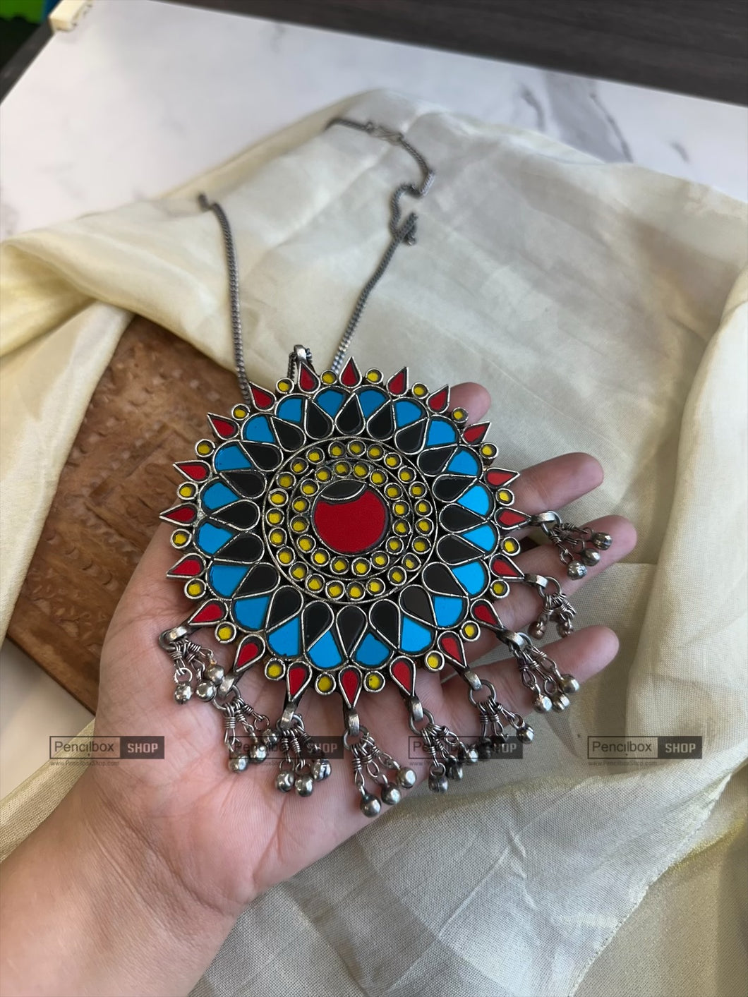Afghani Real Mirror Big Ghungroo Navratri Pendant Necklace