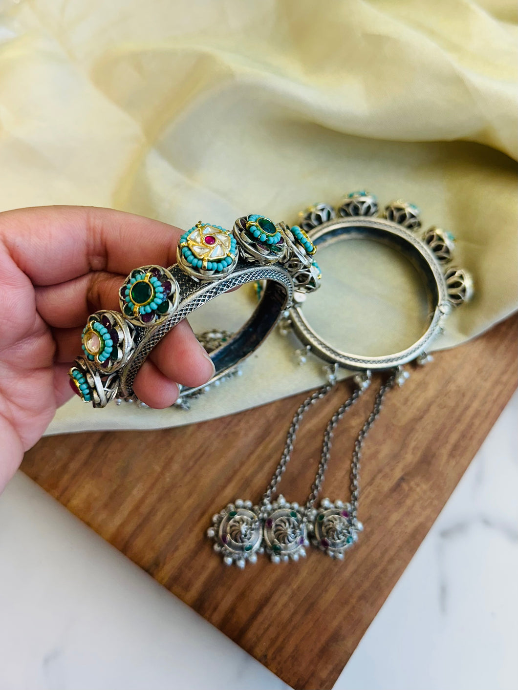 German Silver Dual Tone Pachi Openable Jhumka Bangle set