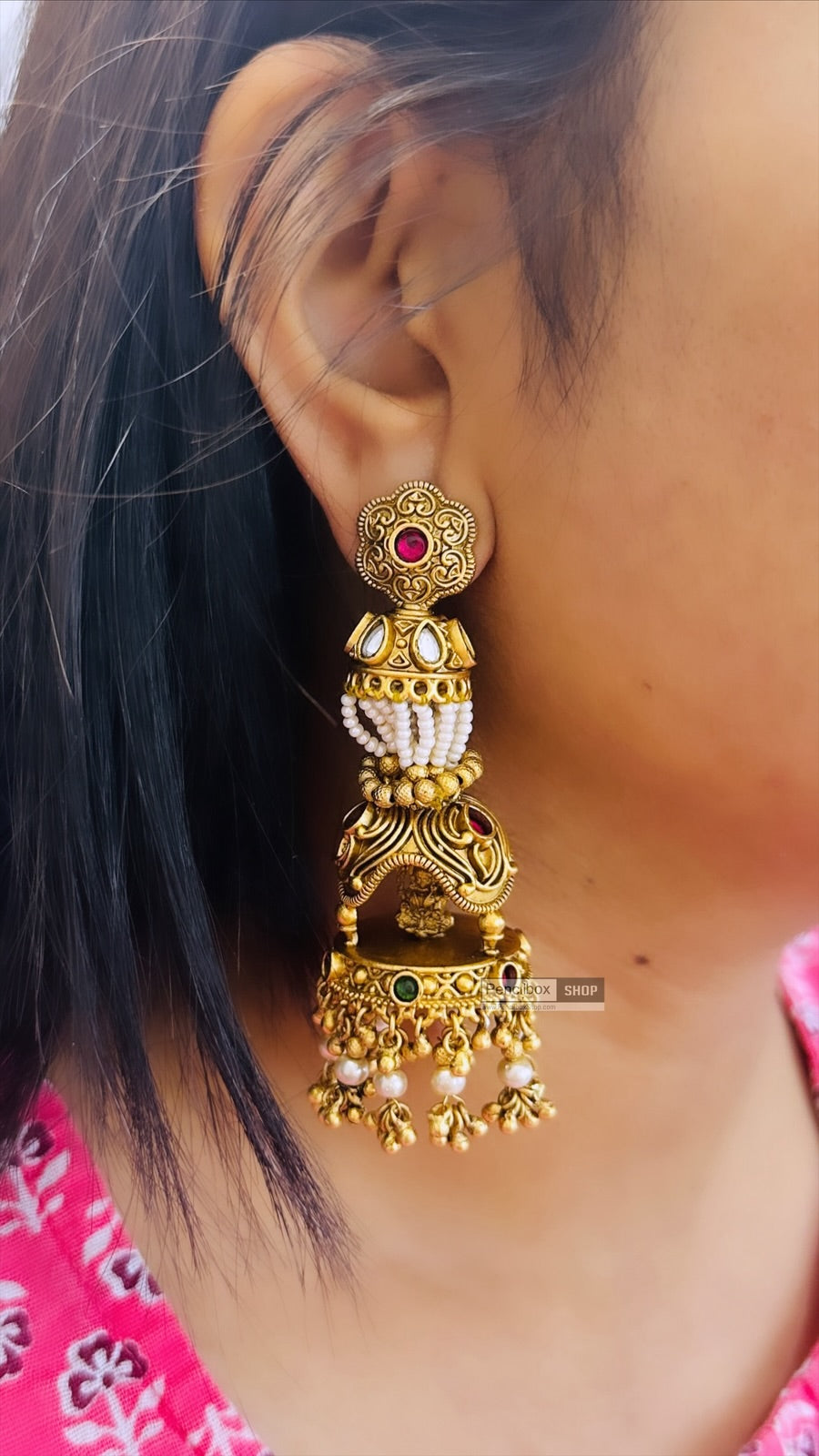 Lakshmi ji Chatri Big hydro stone beads pearl jhumka earrings temple jewelry