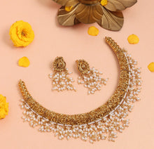Load image into Gallery viewer, Dainty Pearl Hasli Carved Temple Ethnic Necklace set
