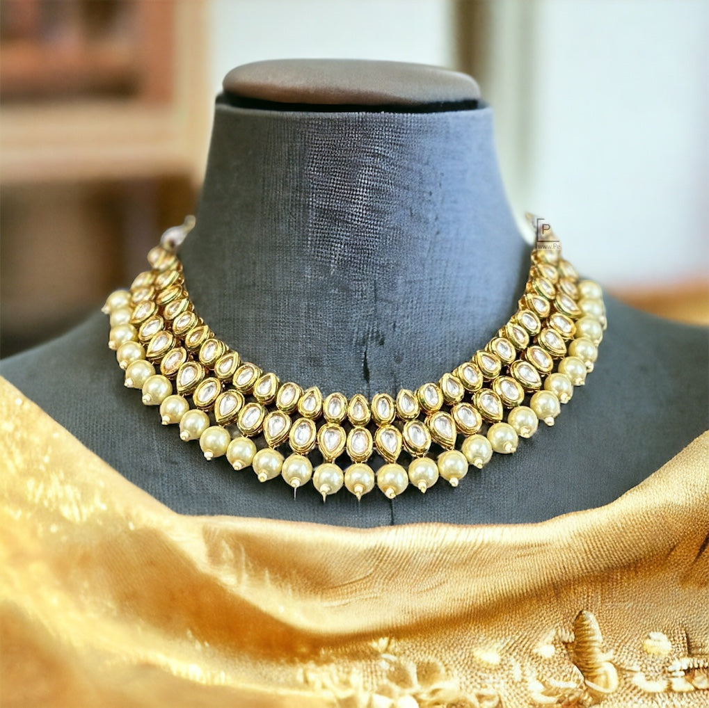 White double layered pearl drop Kundan back side Meenakari necklace set