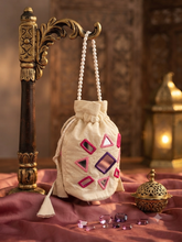 Load image into Gallery viewer, Handmade Mirror pink shades Cotton pearl potli bag

