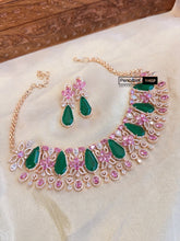 Load image into Gallery viewer, Designer MM Colored Polki Stone American Diamond Cz Floral Necklace set
