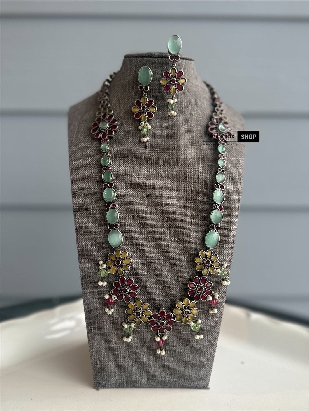 German Silver Yellow Ruby Stone  Long Statement Necklace set