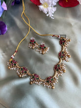 Load image into Gallery viewer, TRENDING Kemp Stone Lotus Guttapusalu Pearl Necklace set
