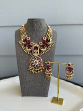 Load image into Gallery viewer, Mitali Ruby kemp stone Peacock hydro beads Necklace set Temple Jewelry
