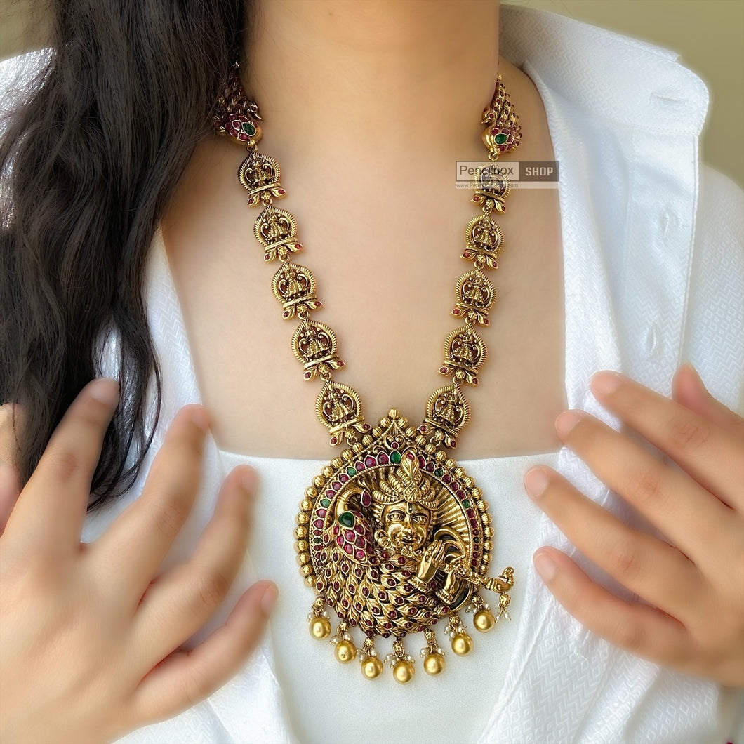 Krishna ji Kemp Stone peacock Statement long Temple Necklace set