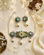 Load image into Gallery viewer, Dainty German Silver Turquoise Pachi Kundan choker necklace set
