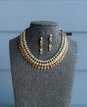 Load image into Gallery viewer, Orange Real pearl Dainty American diamond Pearls Necklace set
