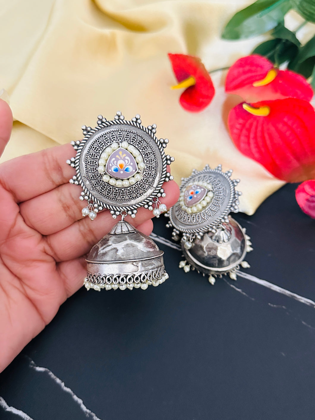 German silver Stone Pearl Jhumka Earrings