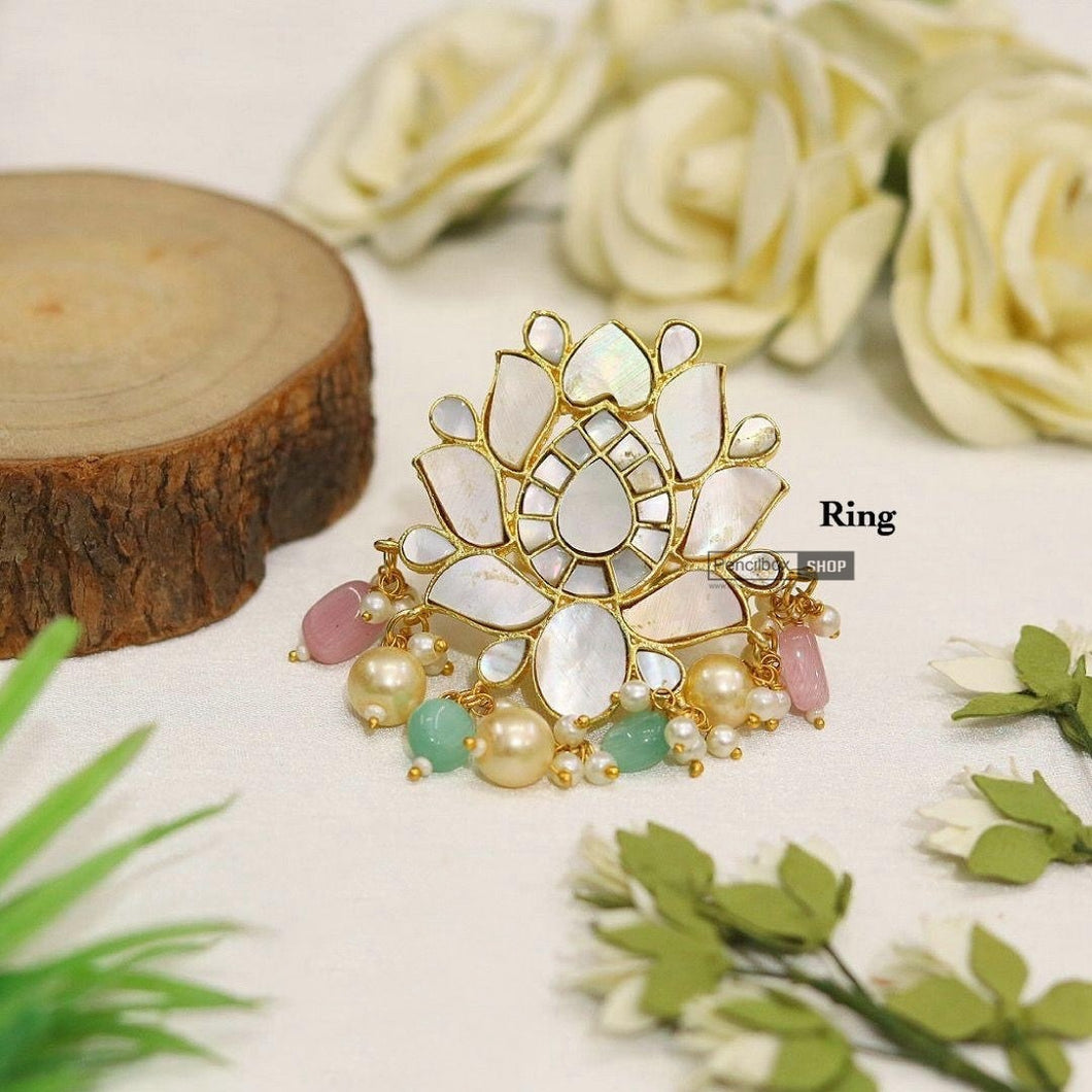 Real Mop( mother of pearl) Lotus Mint Pink Big Ring