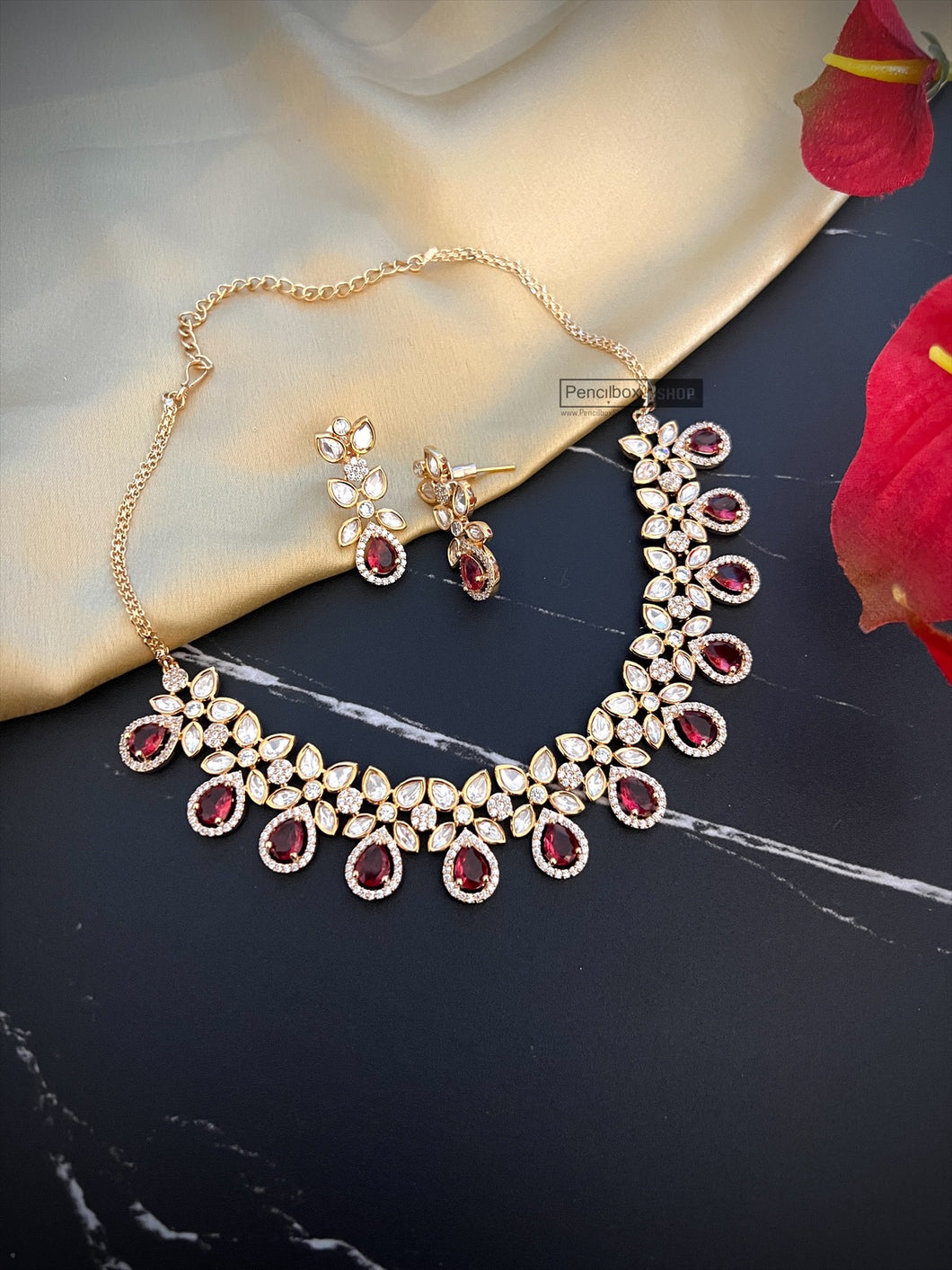Ruby Gold plated Dainty Tayani Premium Statement Necklace set