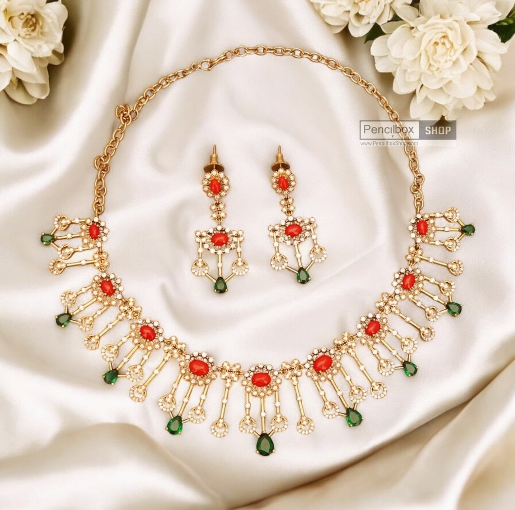 Golden Coral CZ Dangling Temple Necklace set