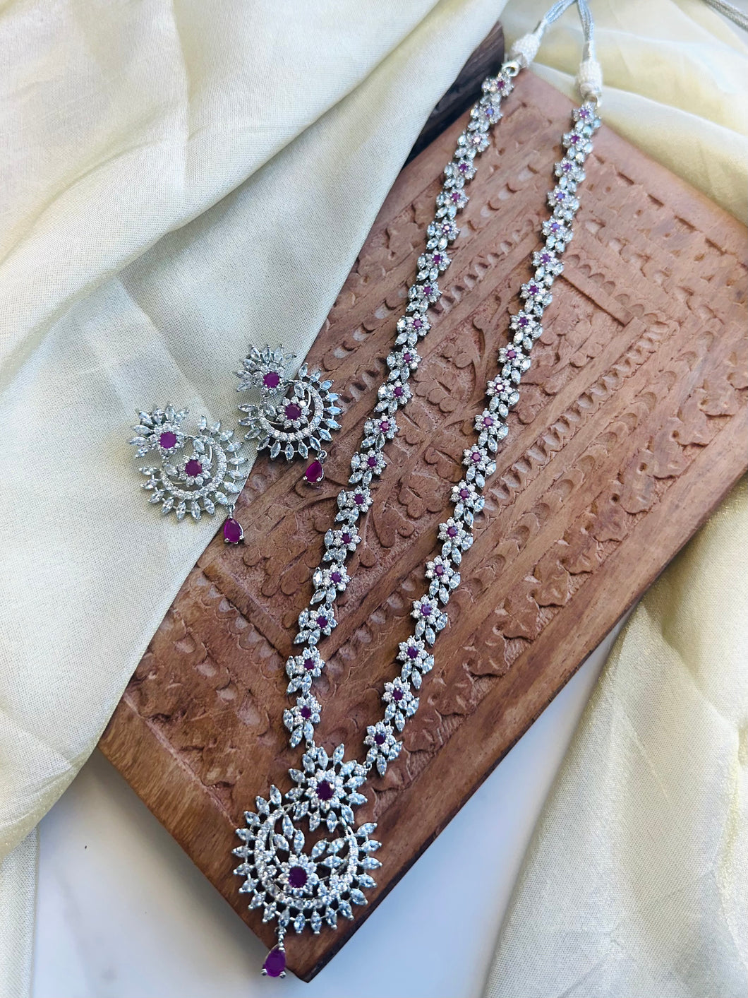 Long Hot pink Cz American Diamond Necklace set