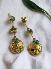 Load image into Gallery viewer, Three layer Kemp Stone  Hanging Drop Temple jhumka earrings
