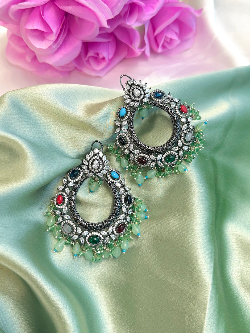 American Diamond Designer Multicolor Kundan Chandbali Cz Earrings