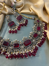 Load image into Gallery viewer, Designer Victorian Finish American Diamond Choker Necklace set
