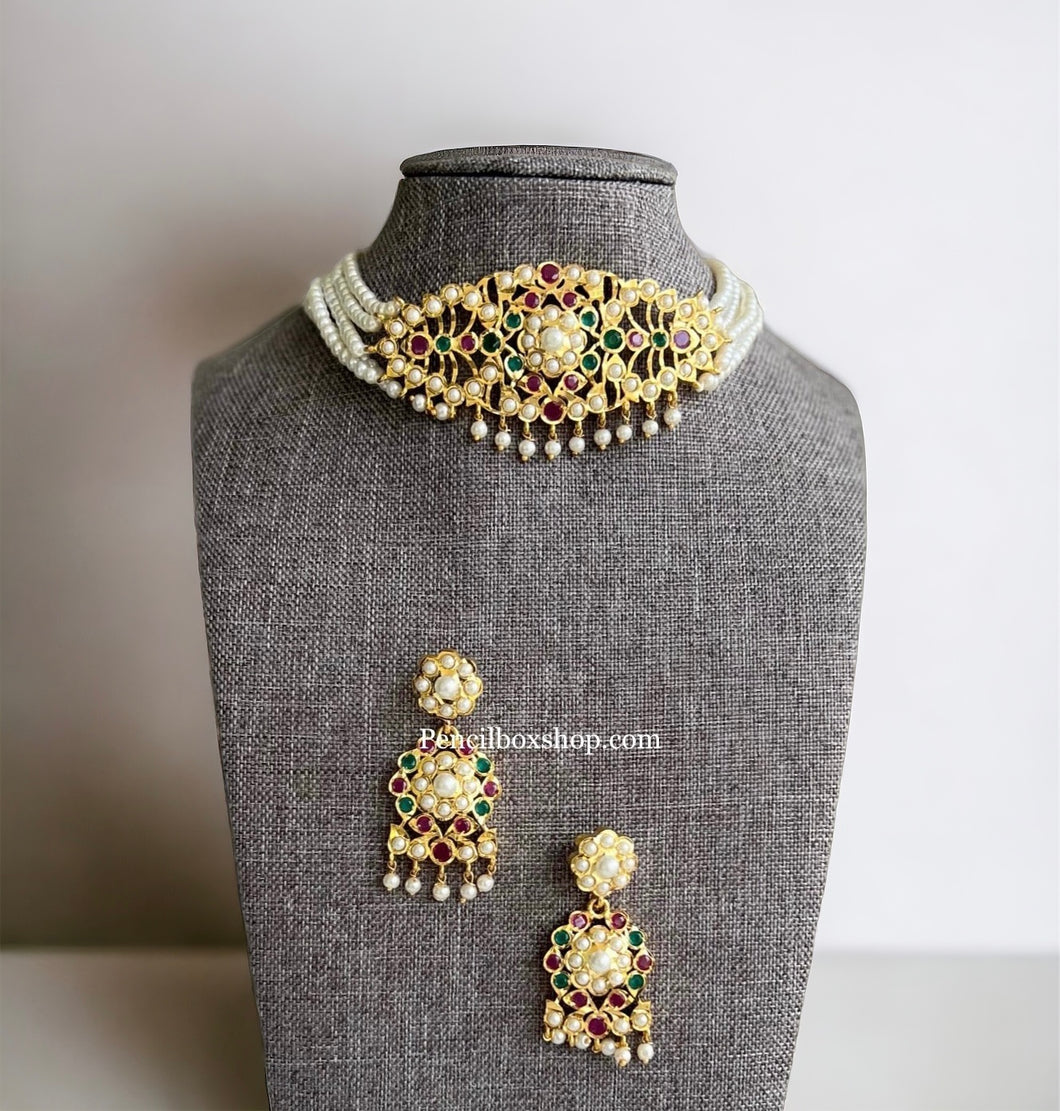 American diamond Pearl jadau Beads Multicolor stone Choker  Necklace set